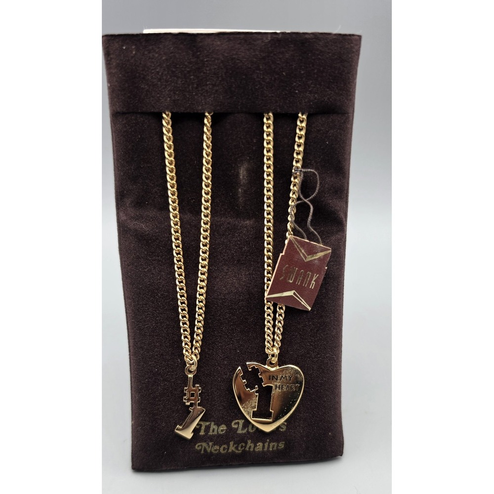 Vintage SWANK Lovers Neckchains #1 In My Heart Matching Necklace Set Gold Tone